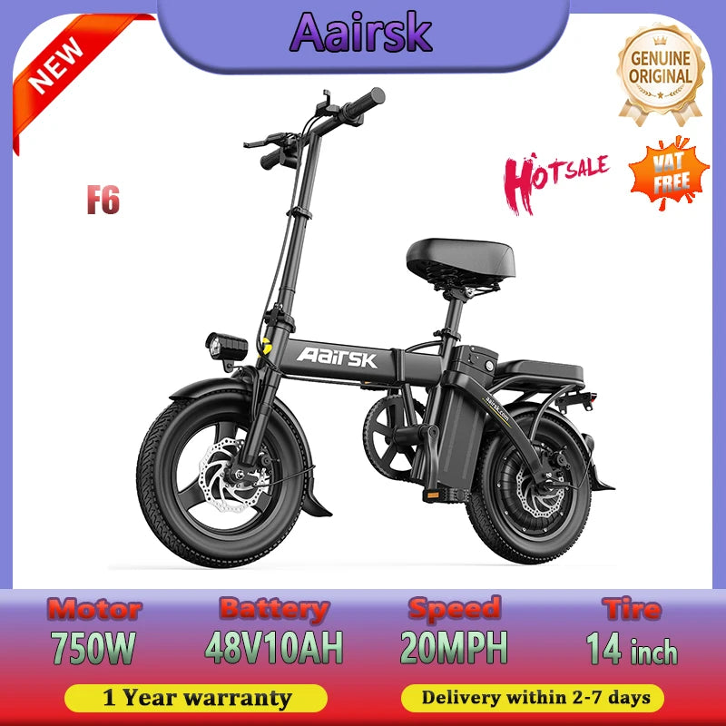 F6 Mini Fold E-bike 750W Motor 48V10AH Travel Electric Bicycle 14 Inch Tire City Commute  One year warranty Electric Bike Small