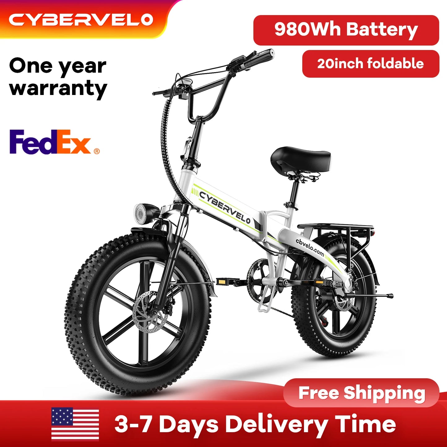 Cybervelo 1000w Motor 20" Fat Tire Foldable Electric bike For Adults, 48V 16AH Built-in Battery, , Adult City commuter bike EK5