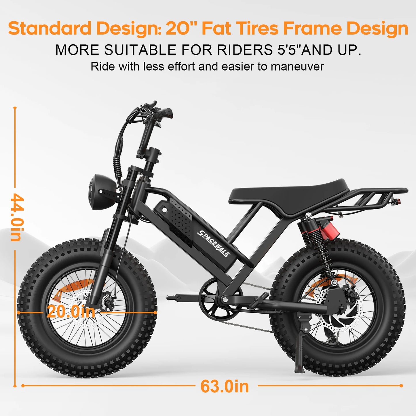 Spacewalk Mountain Electric Bike , 20" Fat Tire Ebike, Wider Seat 750W Peak Motor, Removable Battery, 4X Suspension Ebike