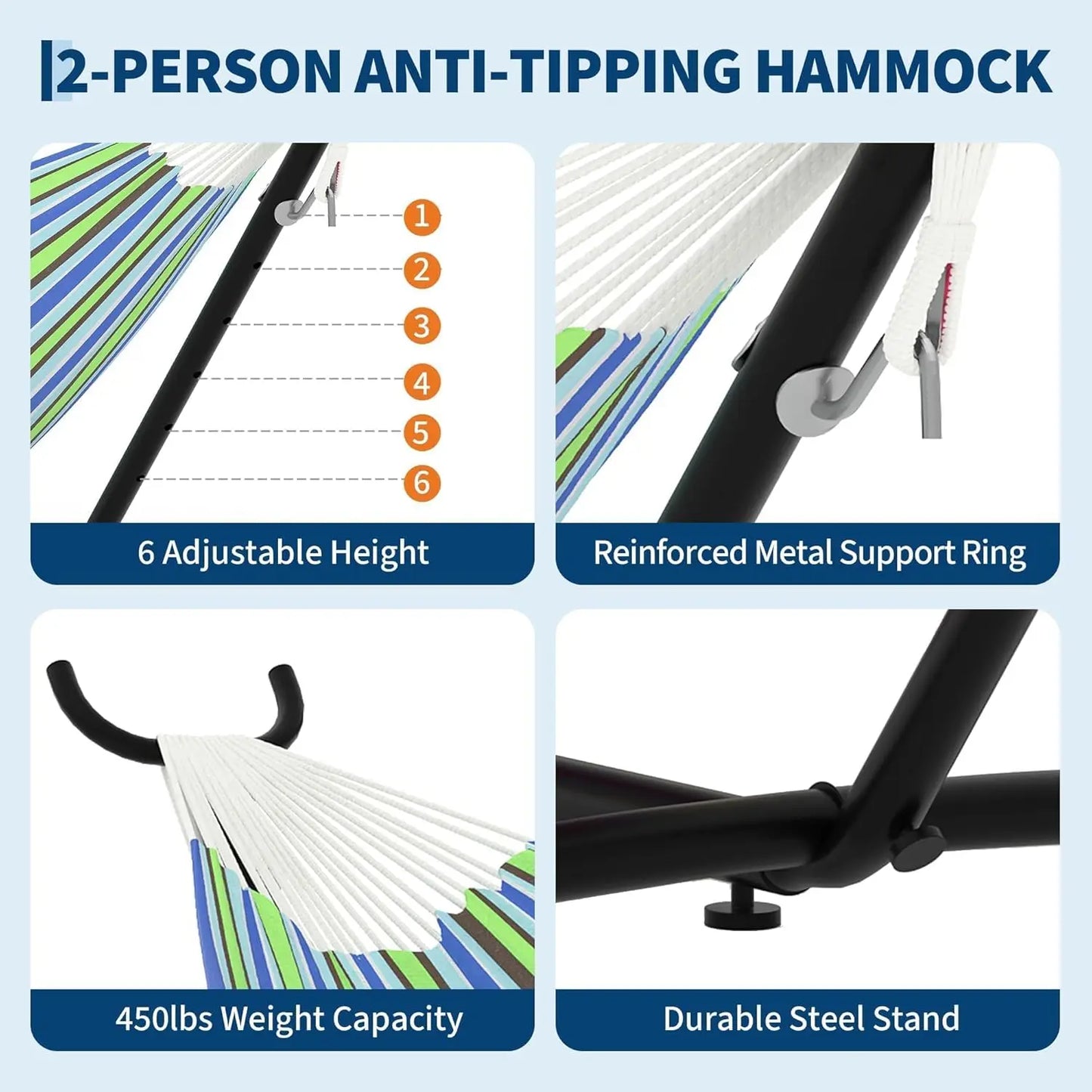 Portable Double Hammock With Stand, Heavy-Duty Steel Frame, 450 Lbs