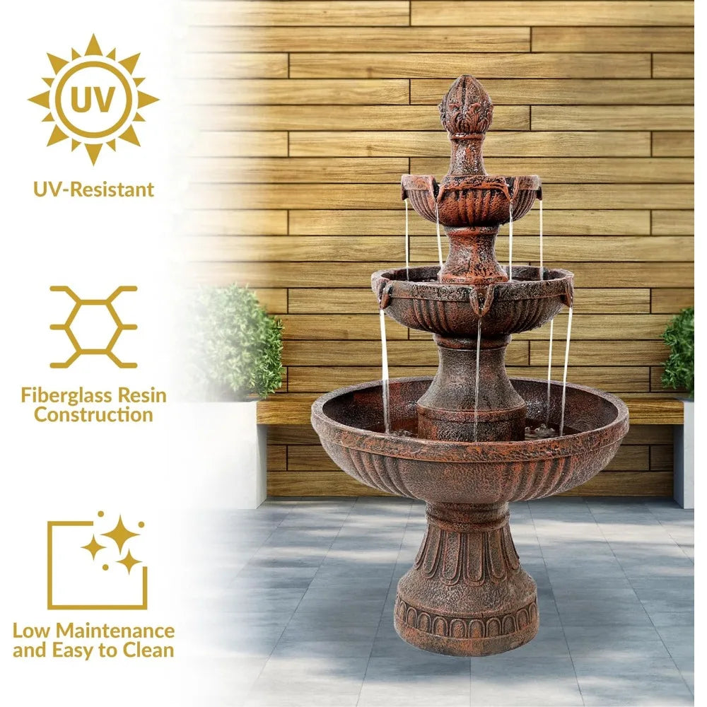 Flower Blossom 43-Inch Electric Water Fountain, Outdoor Water Feature, 3-Tier Fountain, Earth Finish