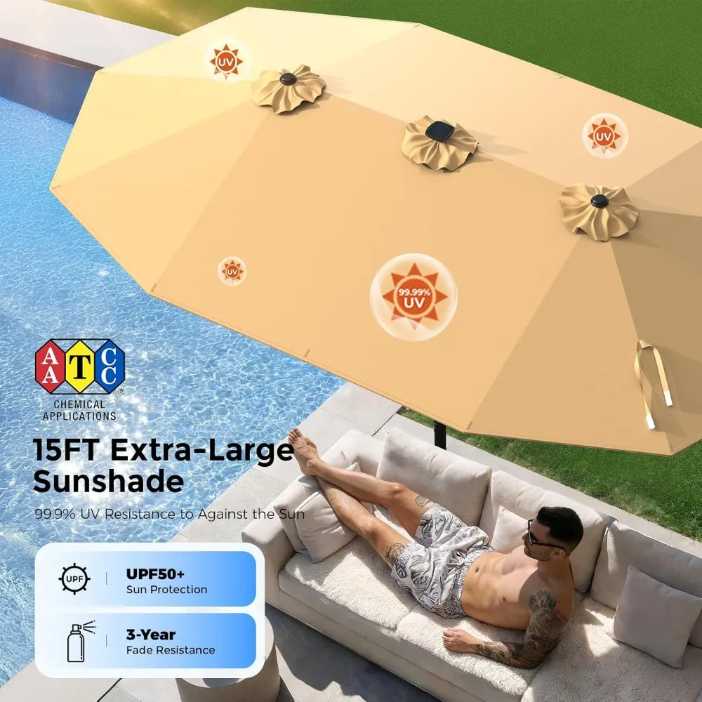 15FT Double Sided Umbrella with Light Bar and Base, Rectangle Oversized Patio Umbrellas, Extra Large Outdoor Table, Customized