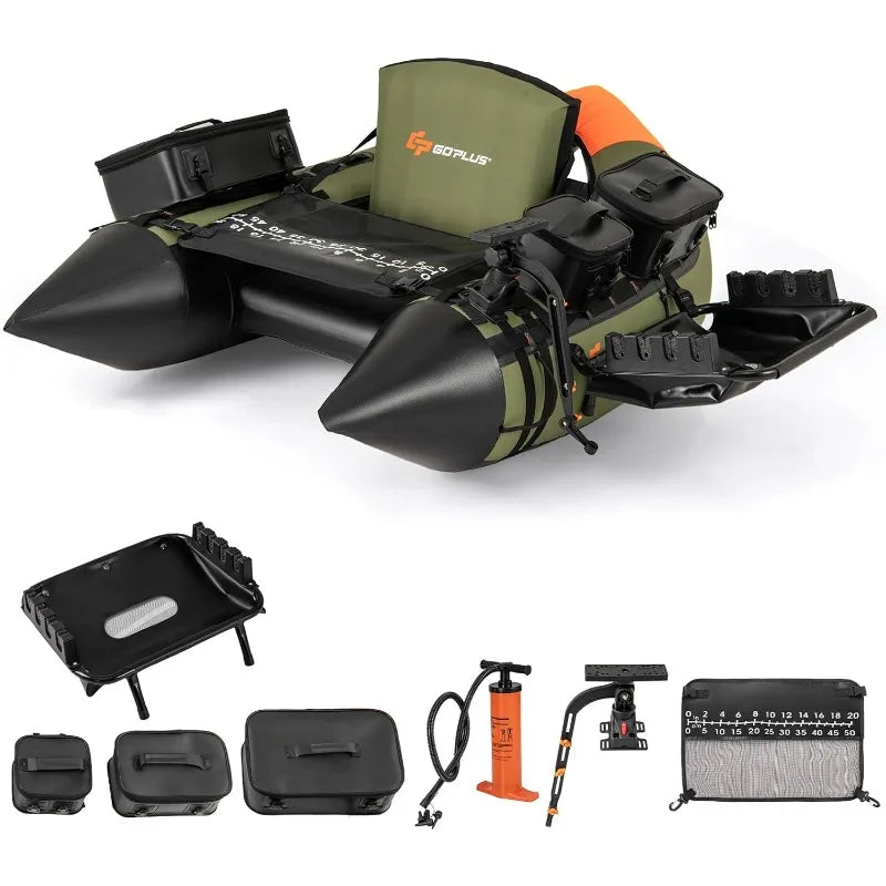 Goplus Inflatable Float Tube, Fishing Belly Boat w/ Fish Ruler,Pump,Storage Bag,Adjustable Straps,Fishing Float Tube for Angling