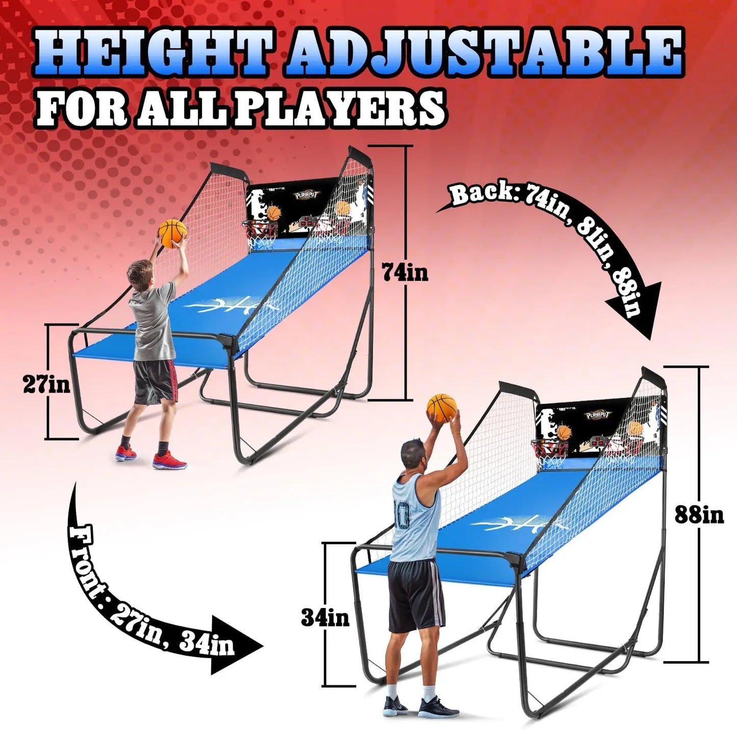 Adjustable Basketball Arcade Game with 8 Modes, LED Display, Foldable Design for Indoor Fun