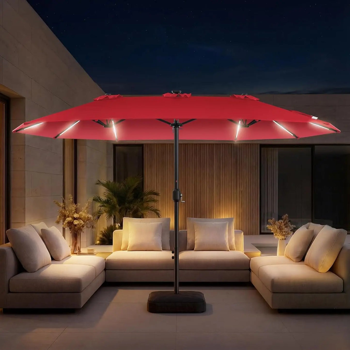 15FT Double Sided Umbrella with Light Bar and Base, Rectangle Oversized Patio Umbrellas, Extra Large Outdoor Table, Customized