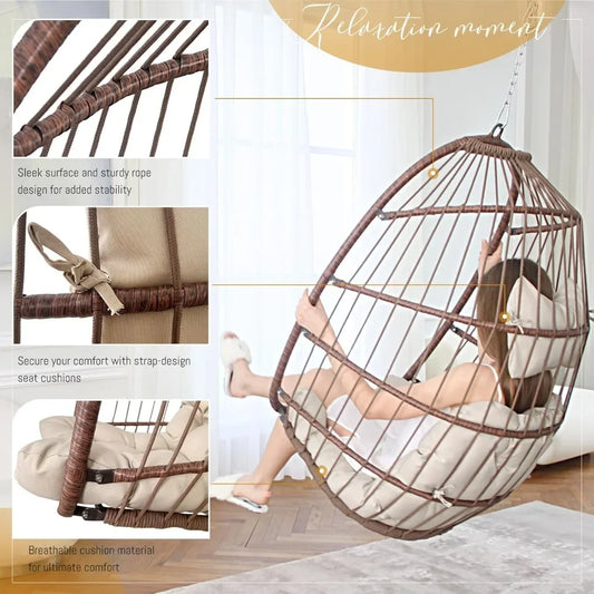Hanging Egg Chair Without Stand 350lbs Capacity, Beige Wicker Swing Egg Chair with Beige Cushion