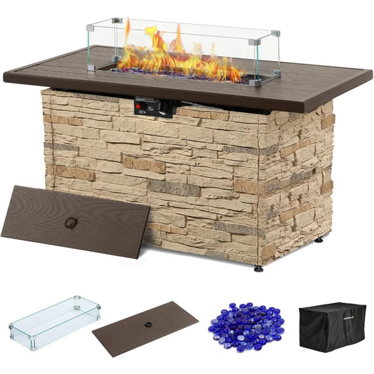 43" Propane Fire Pit Table Outdoor Stone Firepit Table Rectangular 50000 BTU Propane Fire Tables for Outside Patio with Wind Gua