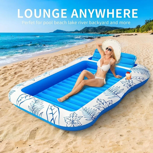 Israeli Double Inflatable Pool Float Mattress 214X145Cm |   Blue White Extra Large Floating Beach Chair for Lawn & Water Relaxatio
