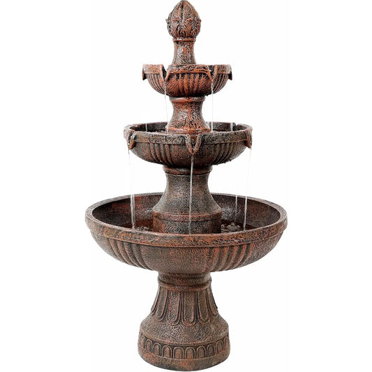 Flower Blossom 43-Inch Electric Water Fountain, Outdoor Water Feature, 3-Tier Fountain, Earth Finish