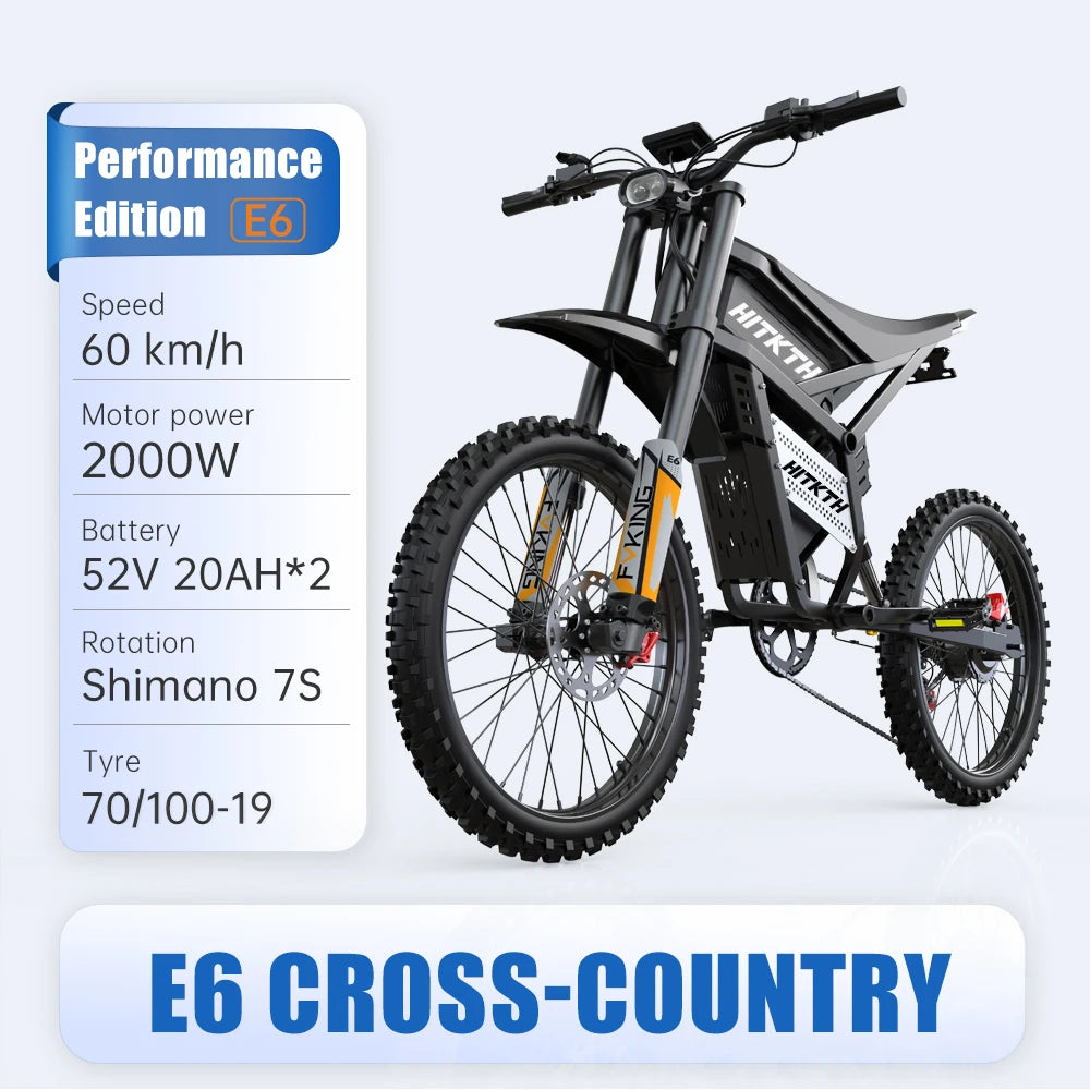 HITKTH E6 Electric Motorcycle Adults 2900W(Peak) Motors 25inch Tire Electric Bike 52V40AH Battery Speed 60Kmh Mountain E-bikes