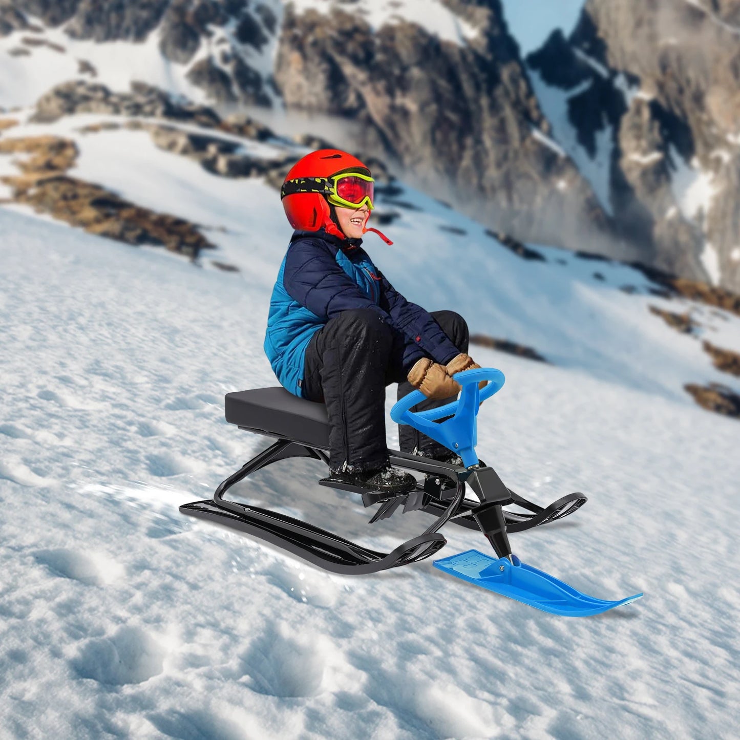 Kids Skis Snowmobiles Snow Racer Sled with Steering Wheel Brake Anti-slip Pedals Grass Sand Skiing Winter Outdoor Entertainment