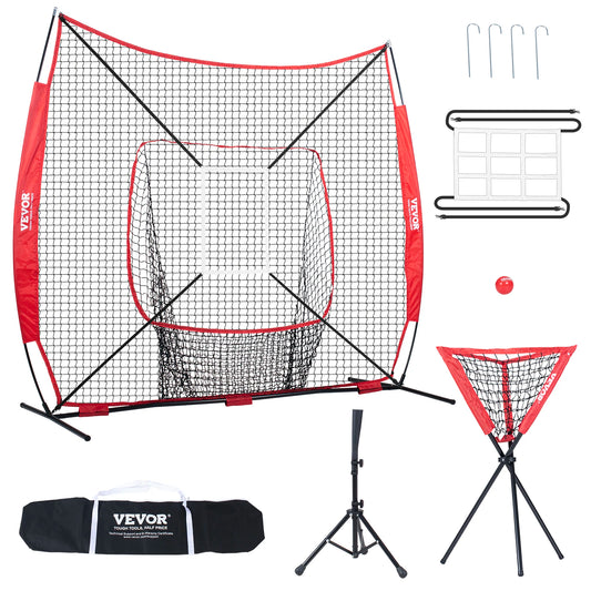 SucceBuy 7ft x 7ft Portable Baseball Softball Practice Training Net for Hitting Catching Pitching with Carry Bag Ball Collector