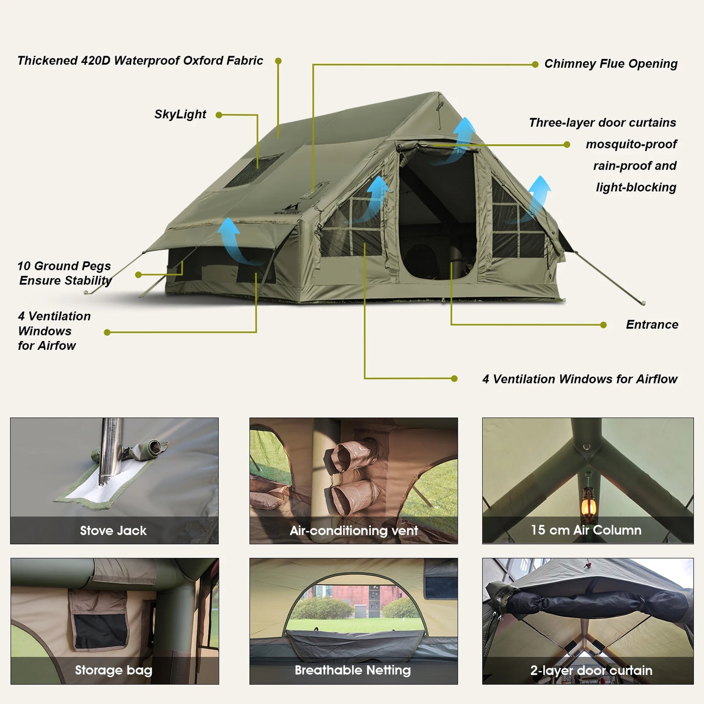 SENLEETO Waterproof Windproof Inflatable Tent For Camping Four Season Glamping