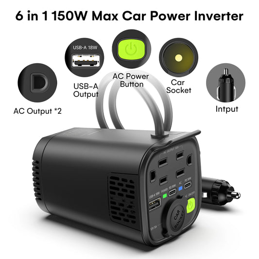 150W Car Power Inverter 12V DC to 110V AC With 2 AC Outlets, 1 18W USB-A Port and Dual 30W PD Fast Car Charger
