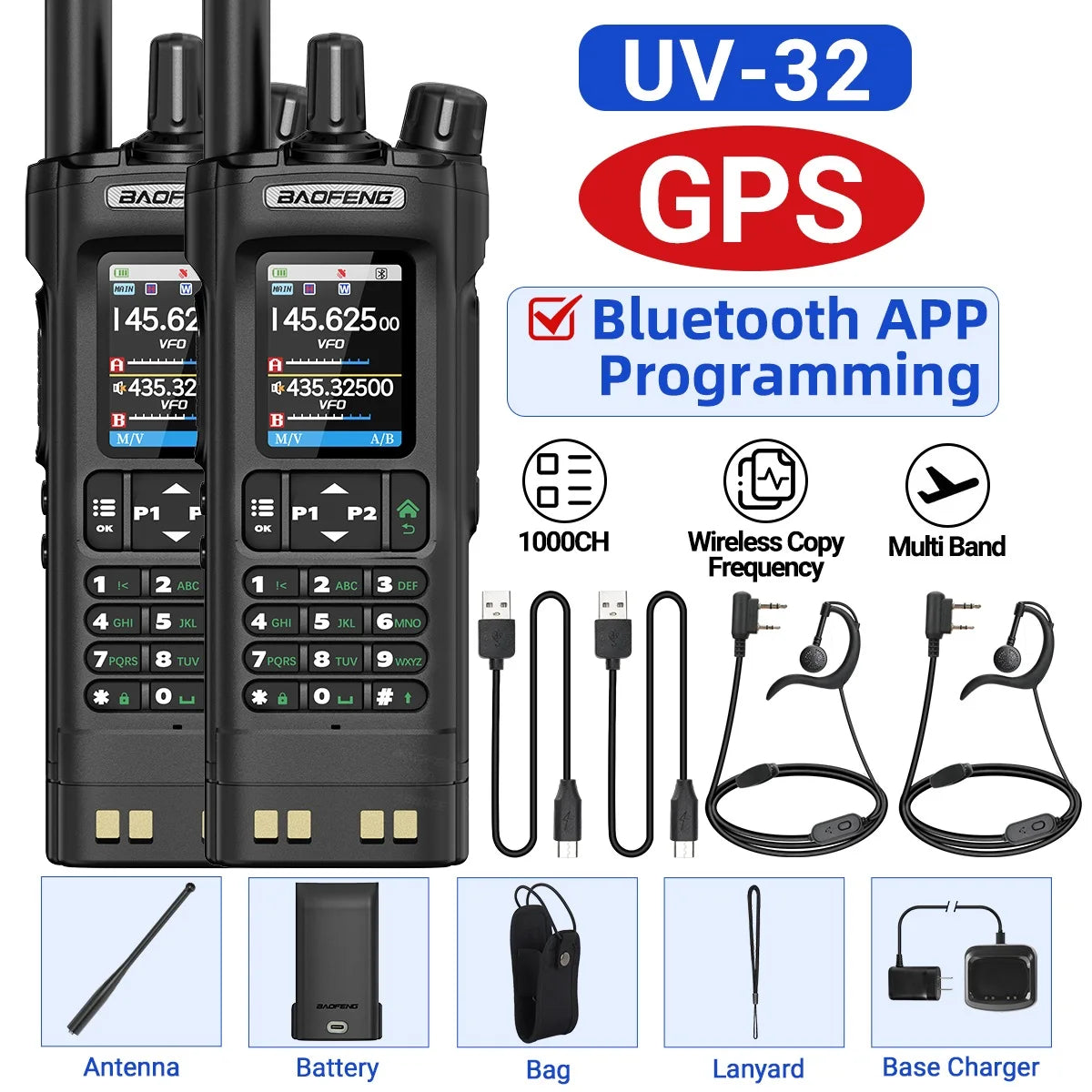 Baofeng UV-32 GPS Walkie Talkie 10W Long Range Multi Band Bluetooth APP Programming Wireless Copy Frequency Type-C Two Way Radio